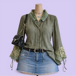 Vintage Y2K Green Chiffon Lace Blouse Tie Front Boho Coquette Top Vamp Core Boho